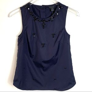 J. Crew Jeweled Sleeveless Navy Cotton Top
